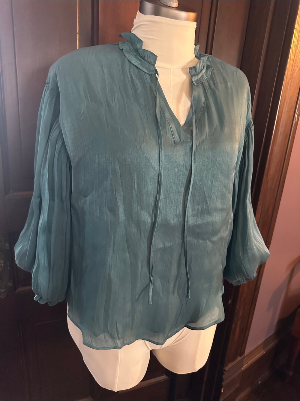 Fate Teal Ruffled Tie-Neck Blouse